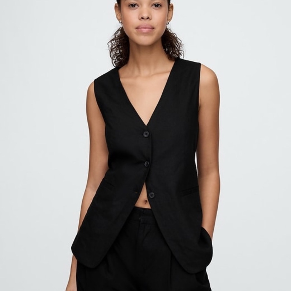 GAP Black Linen Blend Button-Up Vest